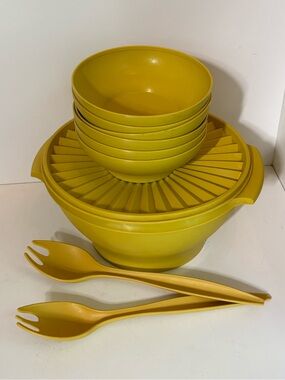 Tupperware vintage harvest gold servalier salad bowl with bowls & salad servers